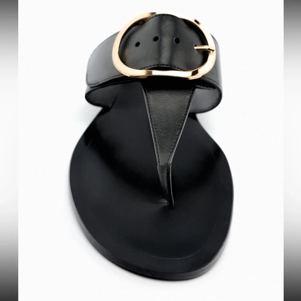 ZARA FLAT LEATHER SANDALS WITH BUCKLE NWT - Picture 4 of 6